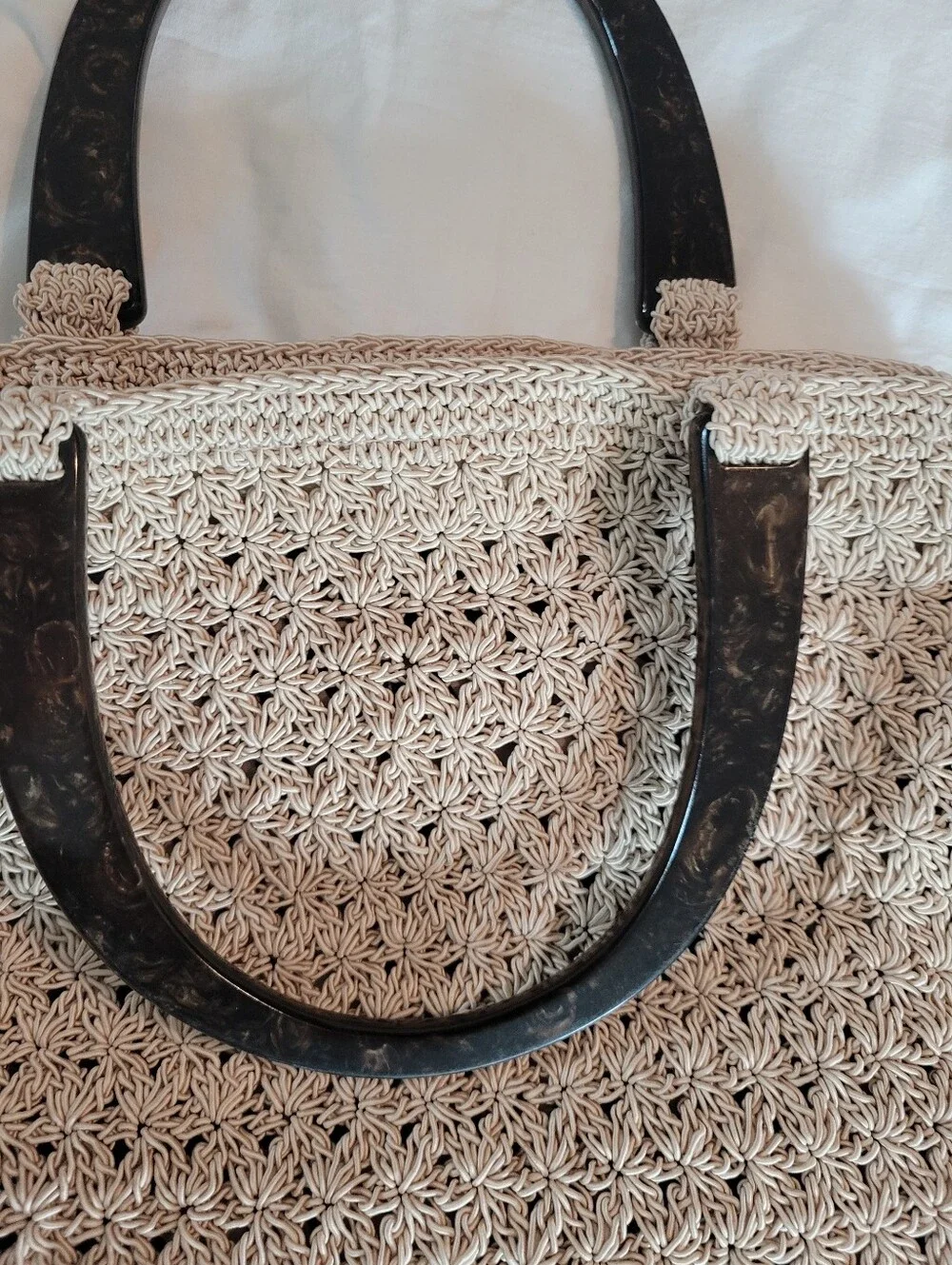 Vintage Liz Claiborne Cream Crochet Star Stitch Handbag Tortoiseshell Handle